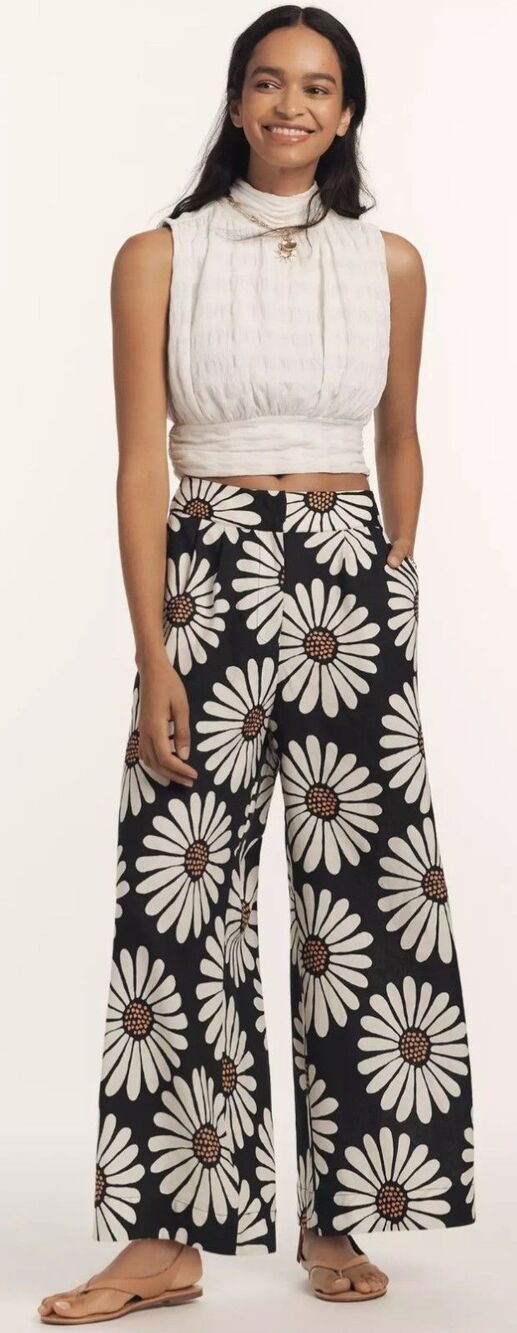 Farm Rio x Anthropologie Linen Blend Daisy Wide-Leg Pant Black Small-New w/o tag